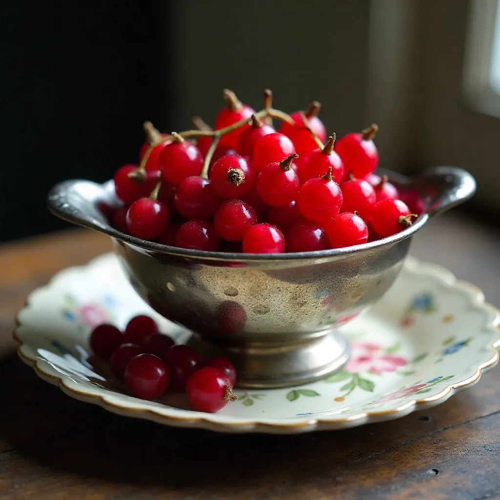 Vintage Colander of Fresh Red Currants on Rustic Dish