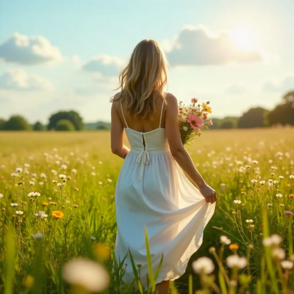 Back View in a Spring Field Embracing Nature