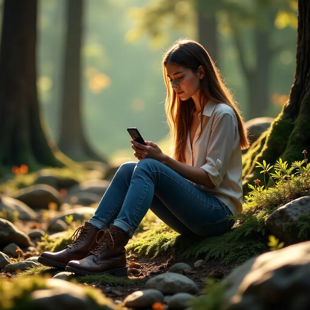 Forest Rock Moment: Woman with Phone