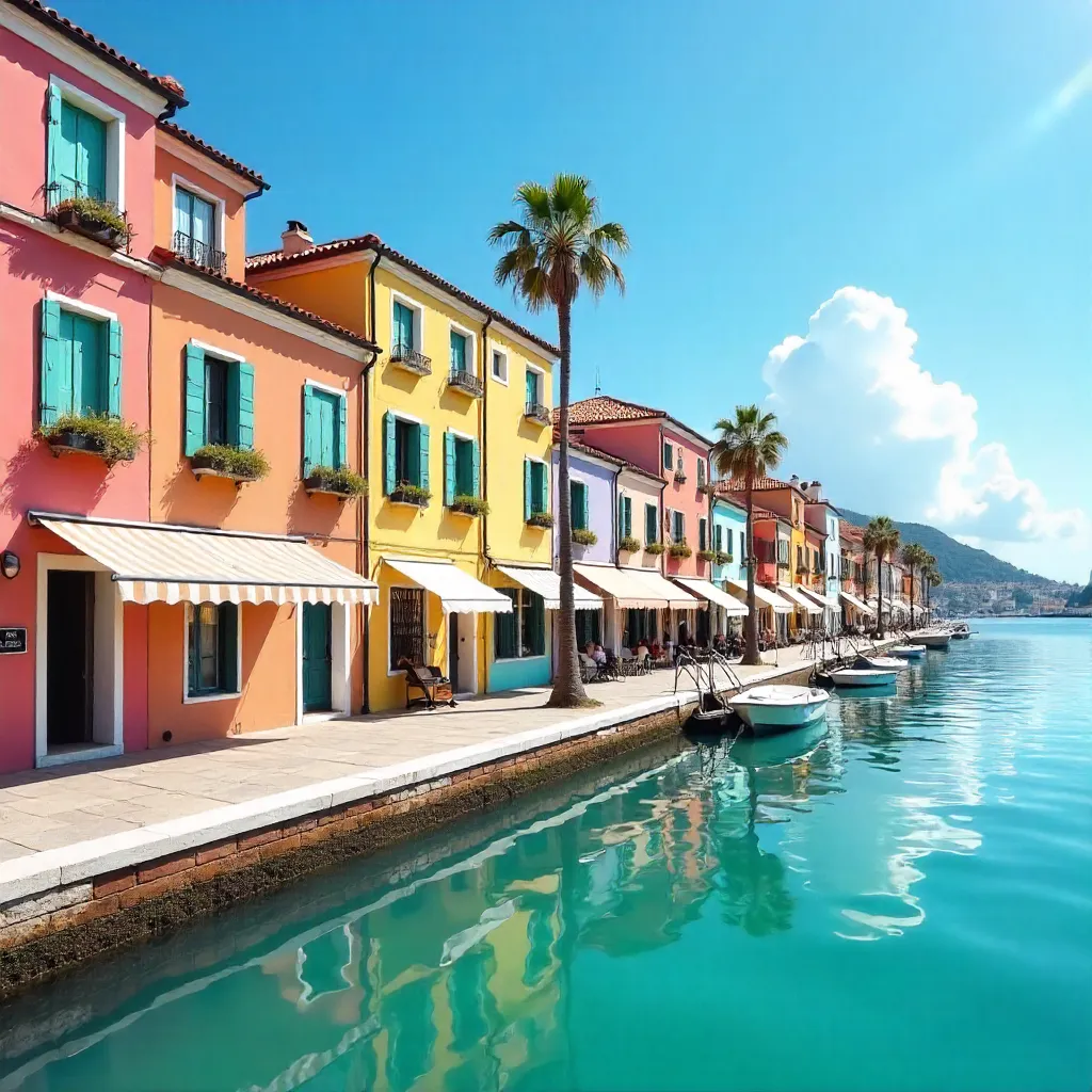 Pastel Waterfront Village Under a Bright Blue Sky