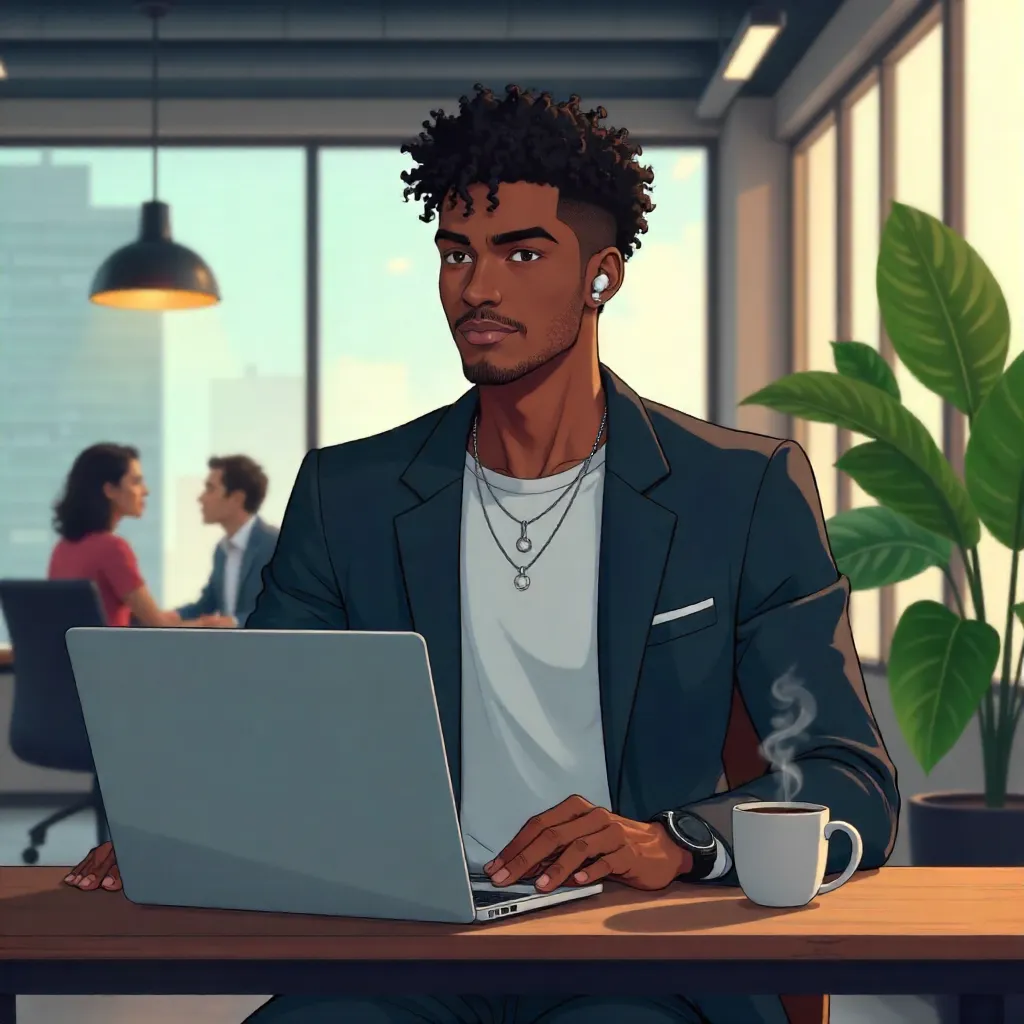 Stylish Black Man in Anime Style at Coworking Space