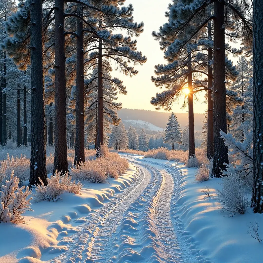Path Through a Serene Winter Pine Forest in Jönköping