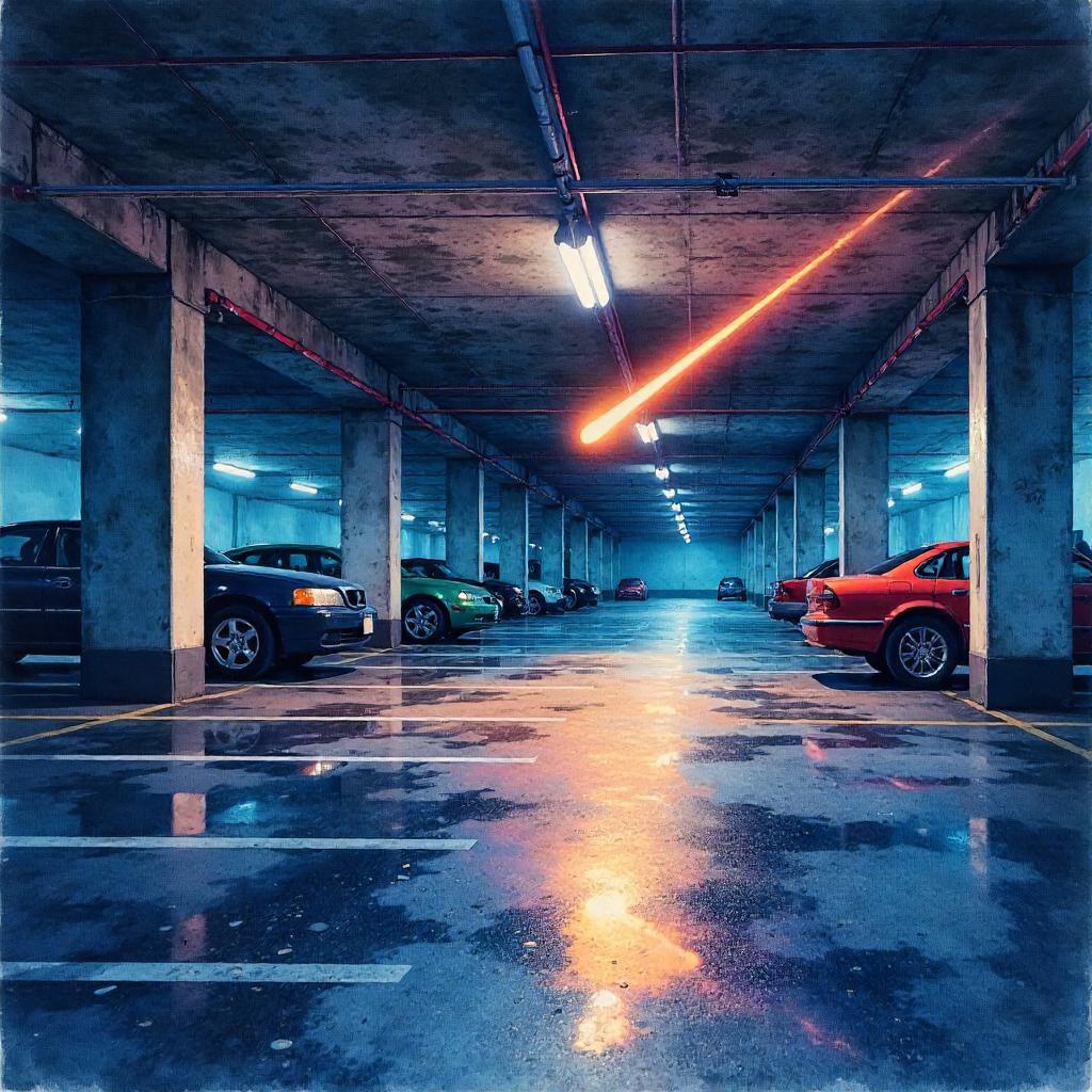 Watercolor Comet Over a Dim Parking Garage
