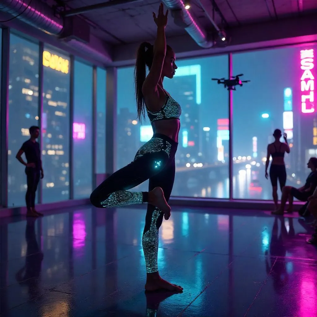 Latina Cyberpunk Yoga in a Neon Studio