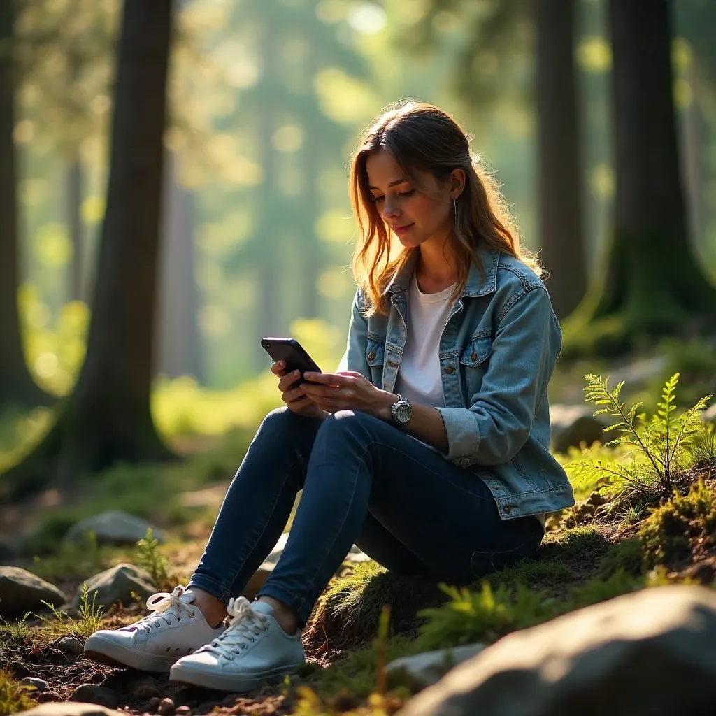 Forest Rock Portrait: Woman with Phone