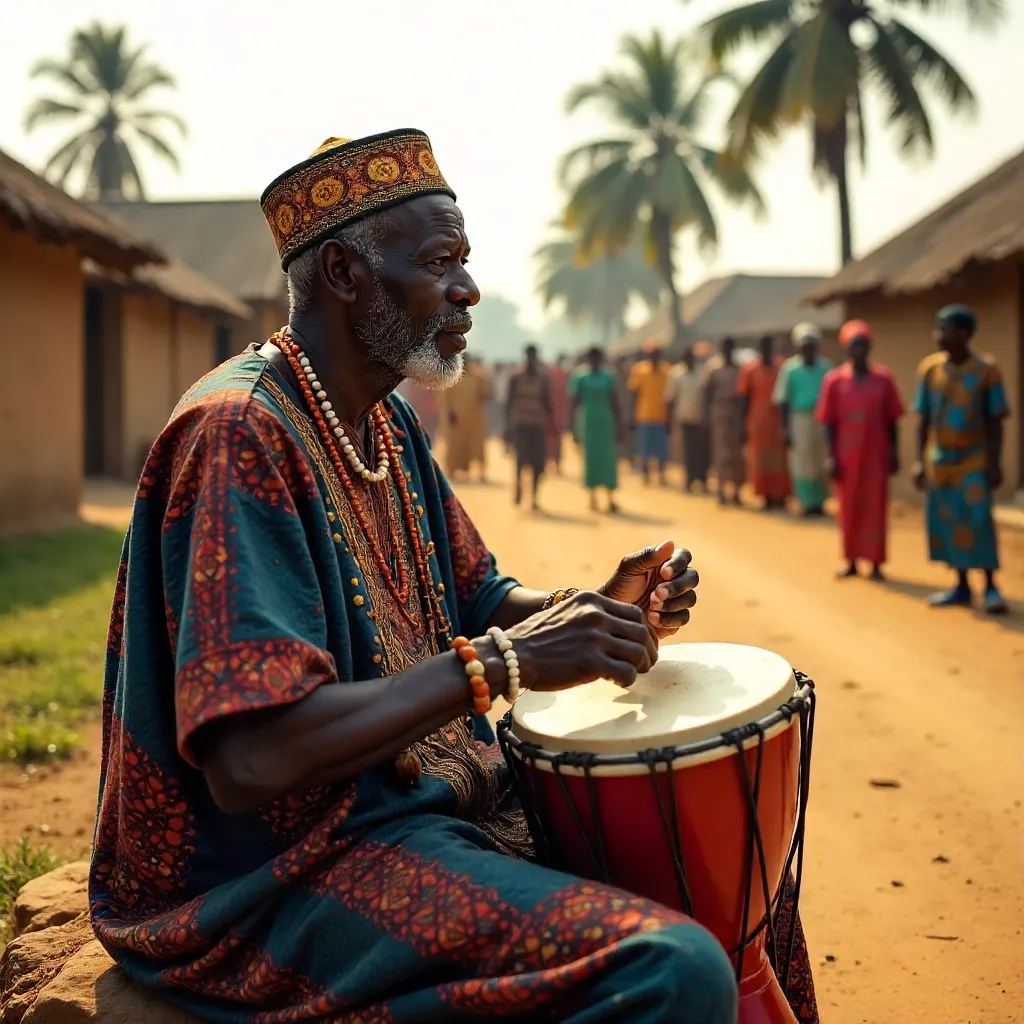 Elderly Nigerian Drummer with Talking Drum Outdoors
