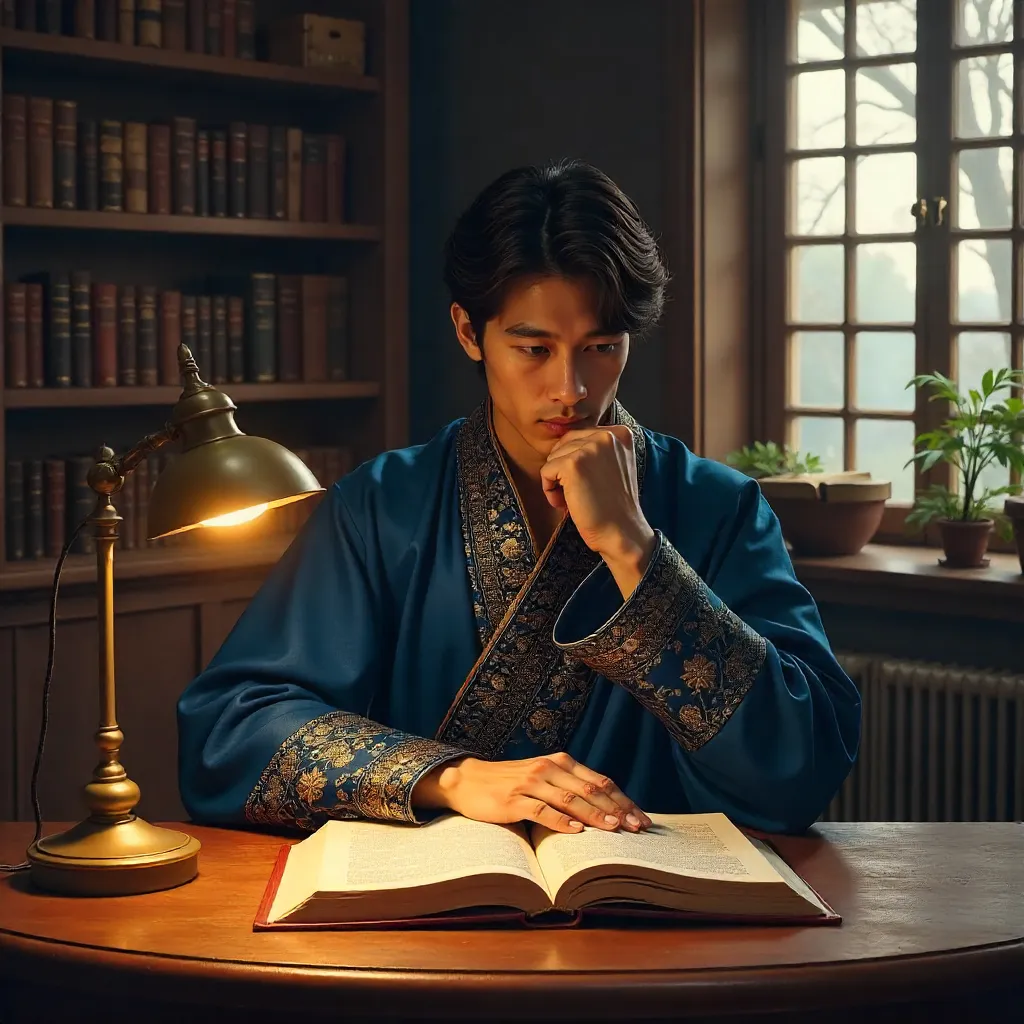 Thoughtful Youth in Traditional Attire Reading Indoors
