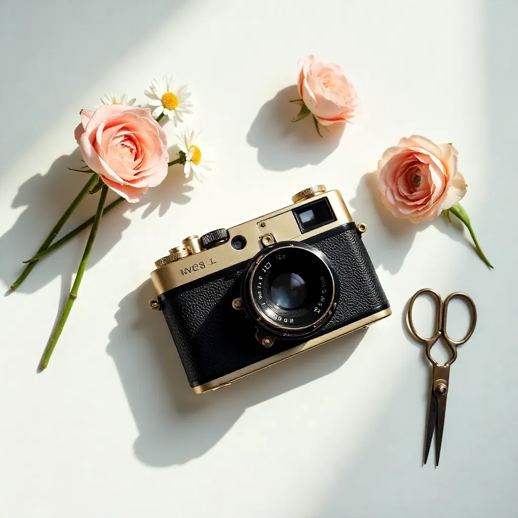 Vintage Camera Flatlay with Flowers and Scissors