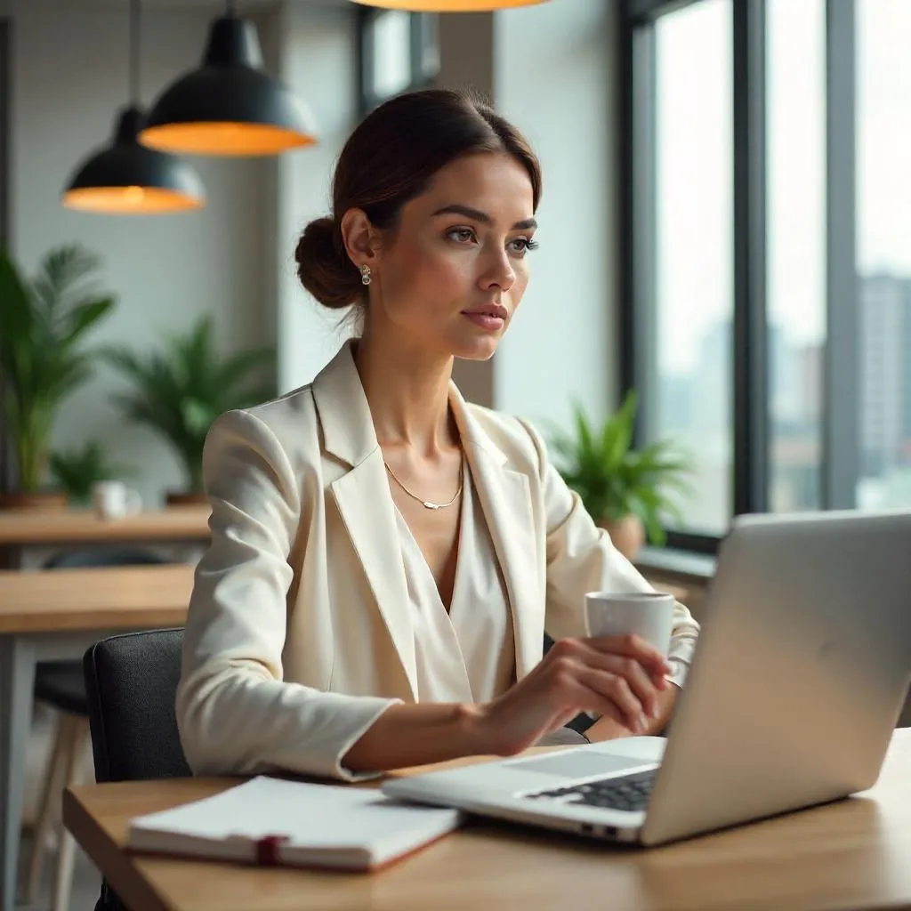 Elegant fair-skinned woman in a modern coworking space