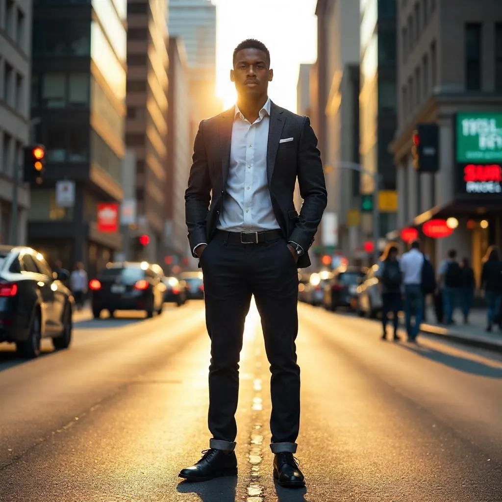 Confident Black Man in a Photoreal Downtown Street