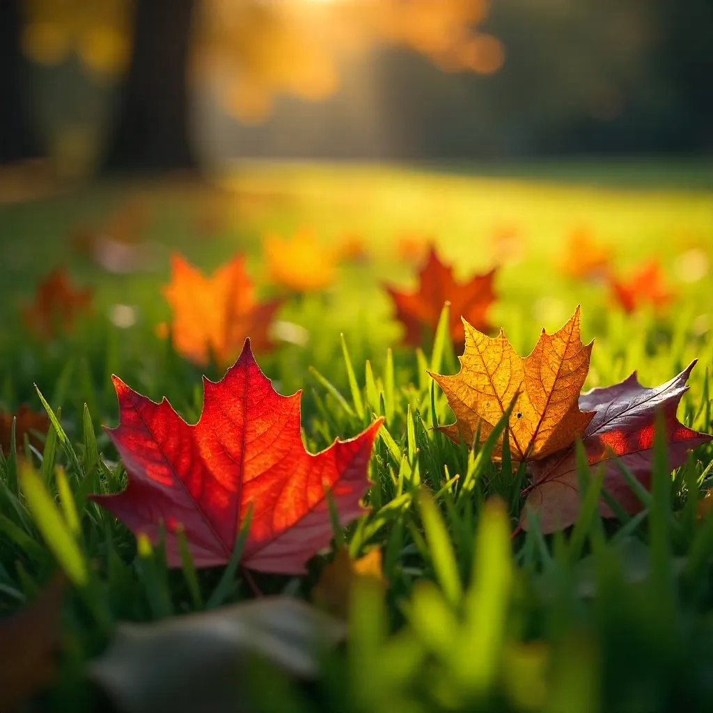 Autumn Leaves on Green Grass: A Fall Moment