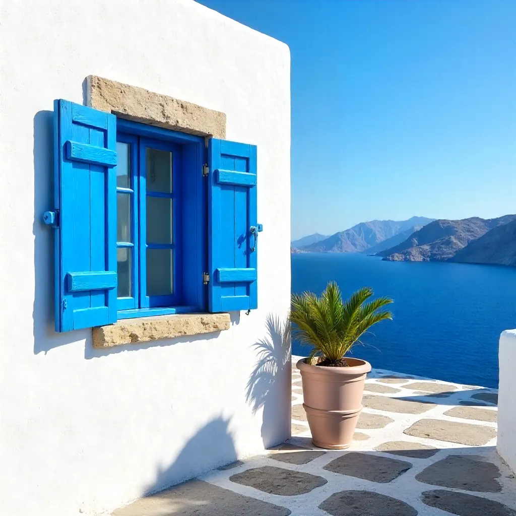Bright Blue Shutters on White Wall in Naxos