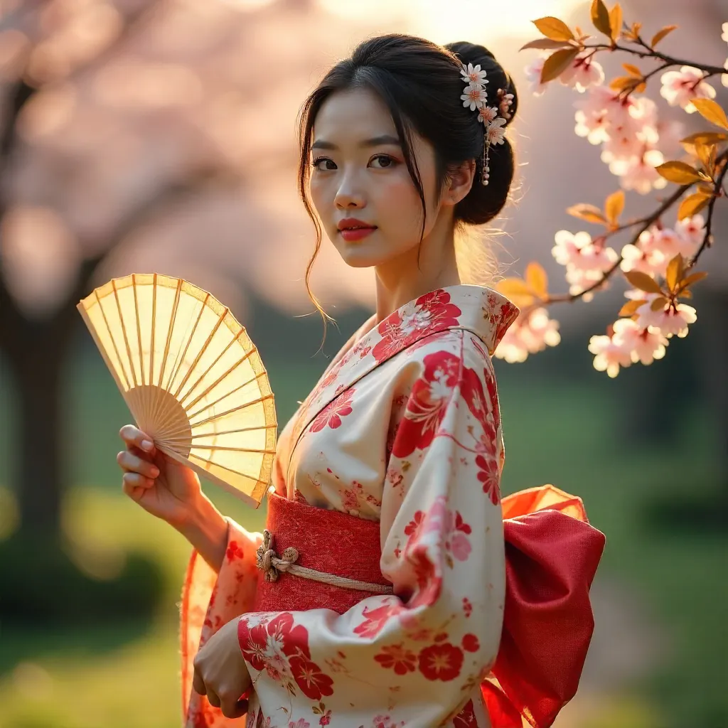 Sunny Portrait of a Woman in a Kimono with Fan