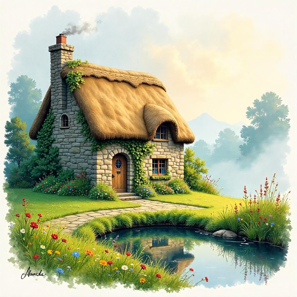 Morning Mist Over a Watercolor Cottage