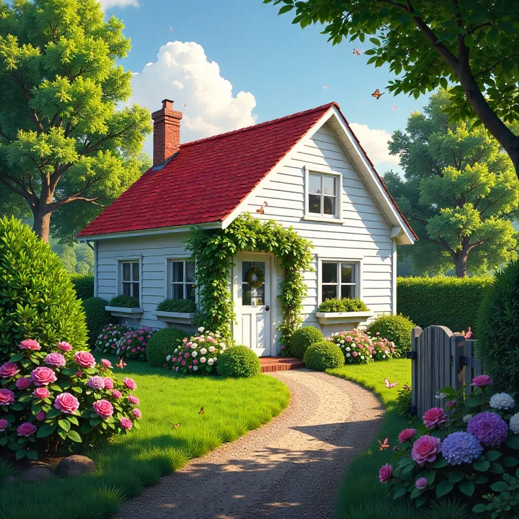 Sunlit White Cottage in a Blooming Garden