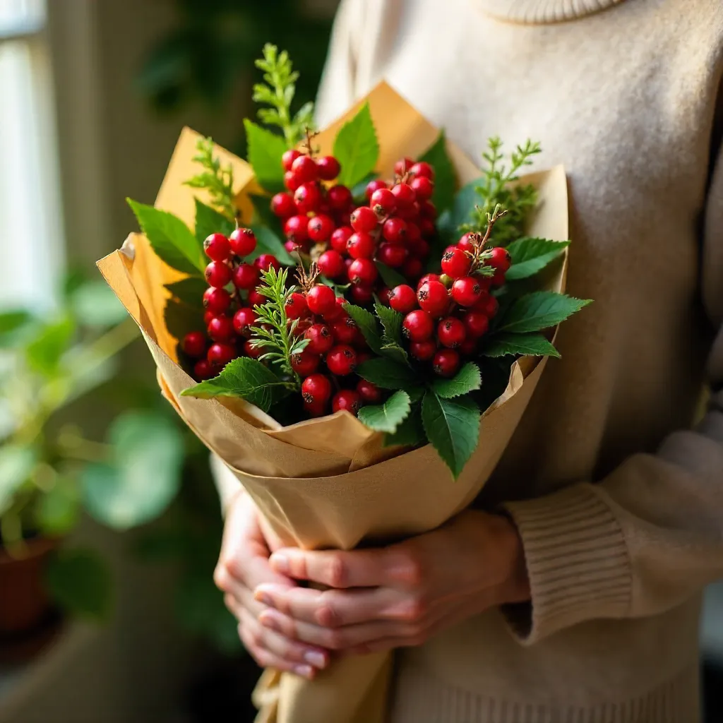 Bouquet of Red Berries Wrapped in Brown Paper