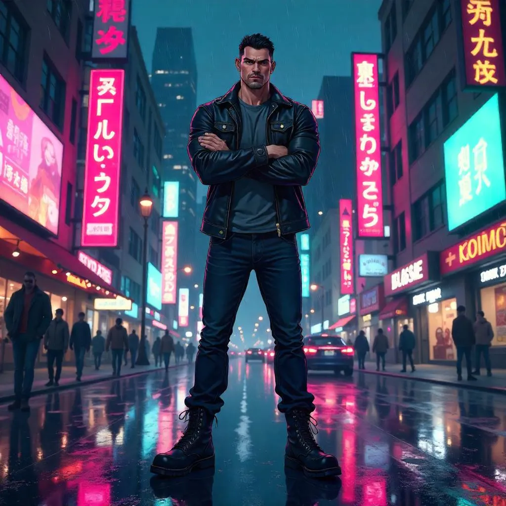 Strong Latino Hero on a Neon City Street