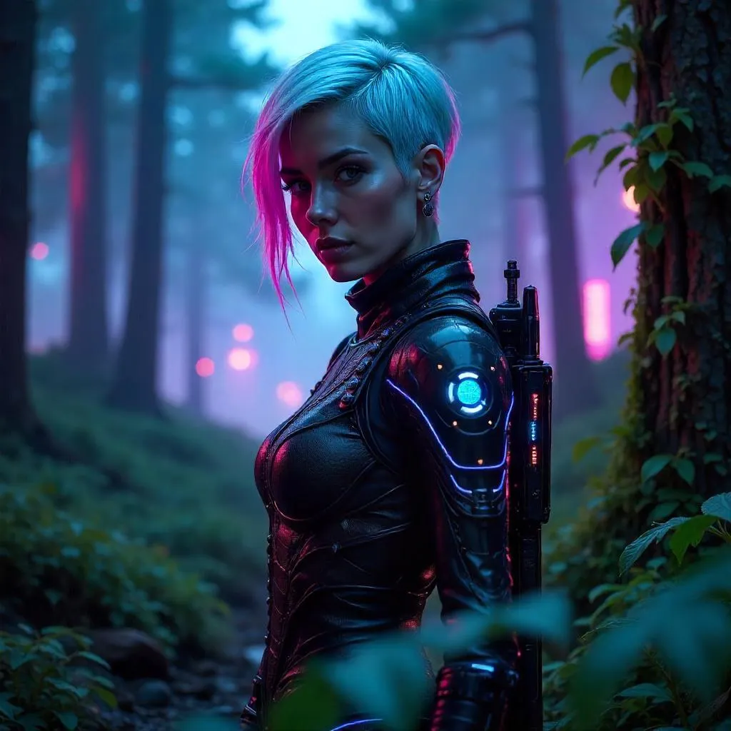 Confident White Woman in a Neon Forest Cyberpunk