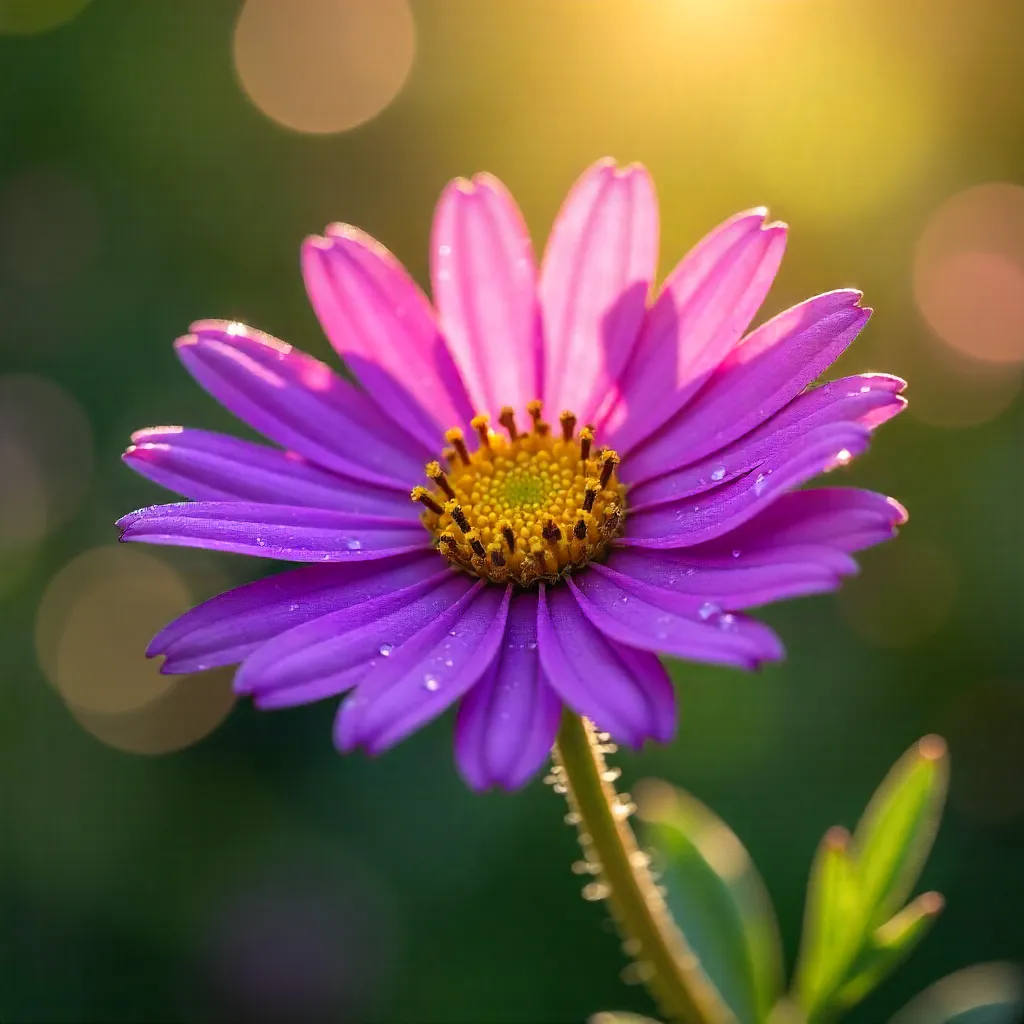 Sunlit Purple Aster Macro in Golden Hour