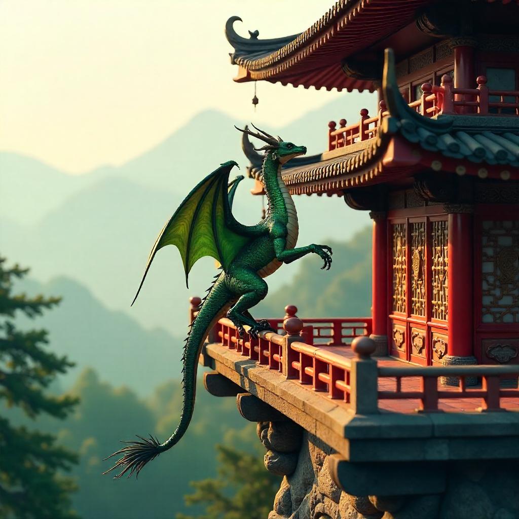 Photorealistic Wyvern on a Pagoda Roof
