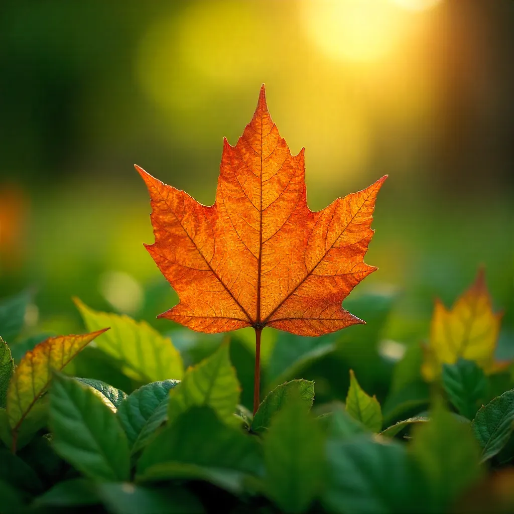 Striking Orange Leaf in a Sea of Green Foliage