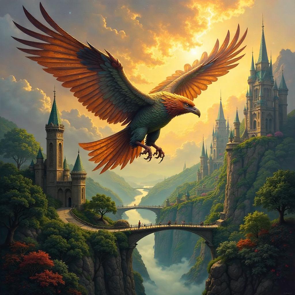 Thunderbird Over an Elven City — An Oil Painting Vision