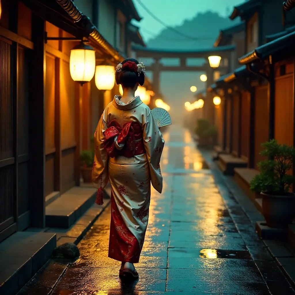 Geisha in Kyoto Night Streets Under Lantern Light
