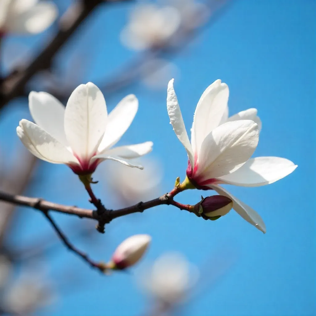 White Magnolia Blossoms on a Blue Sky Branch