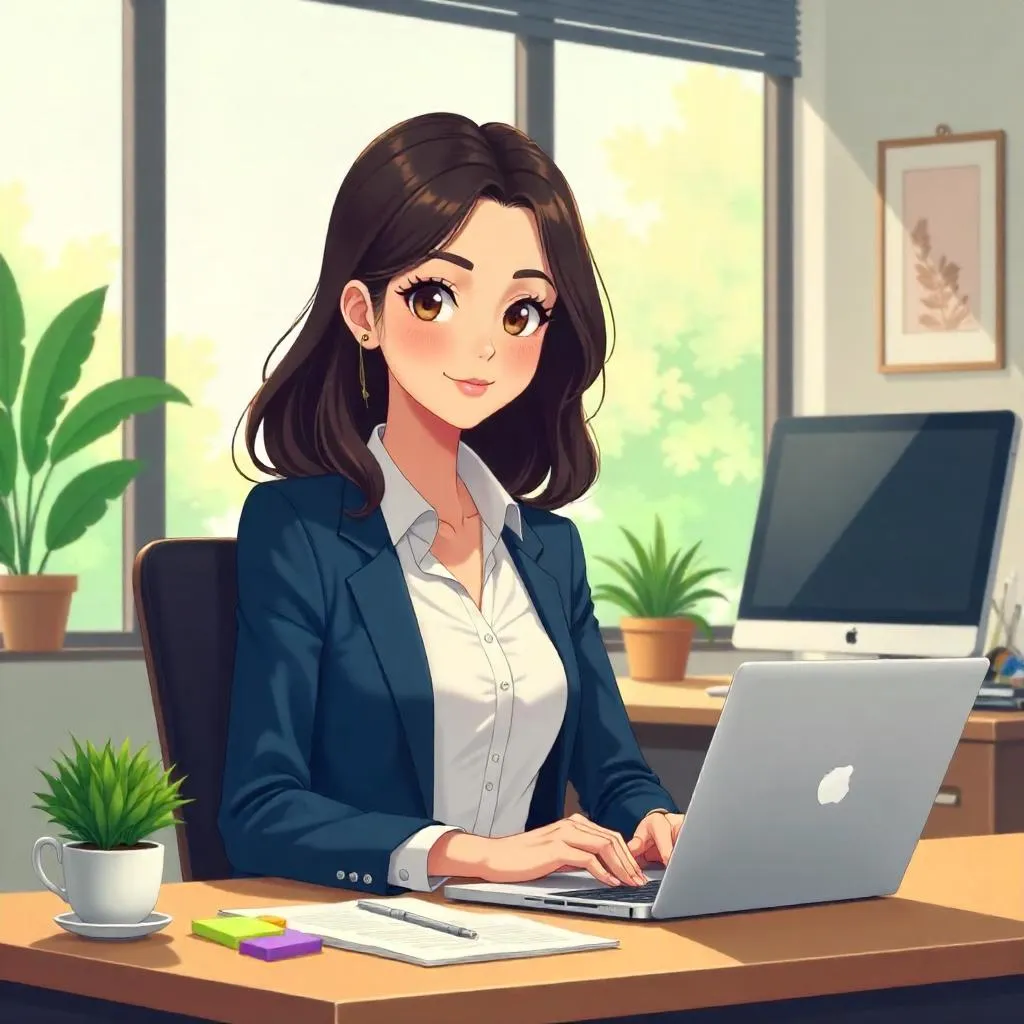 Latina Woman in an Anime Office Scene
