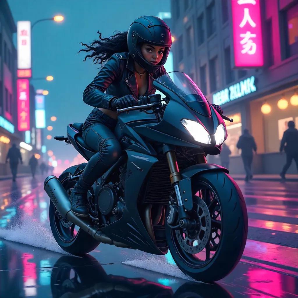 Anime-Style Black Woman on a Neon Motorcycle