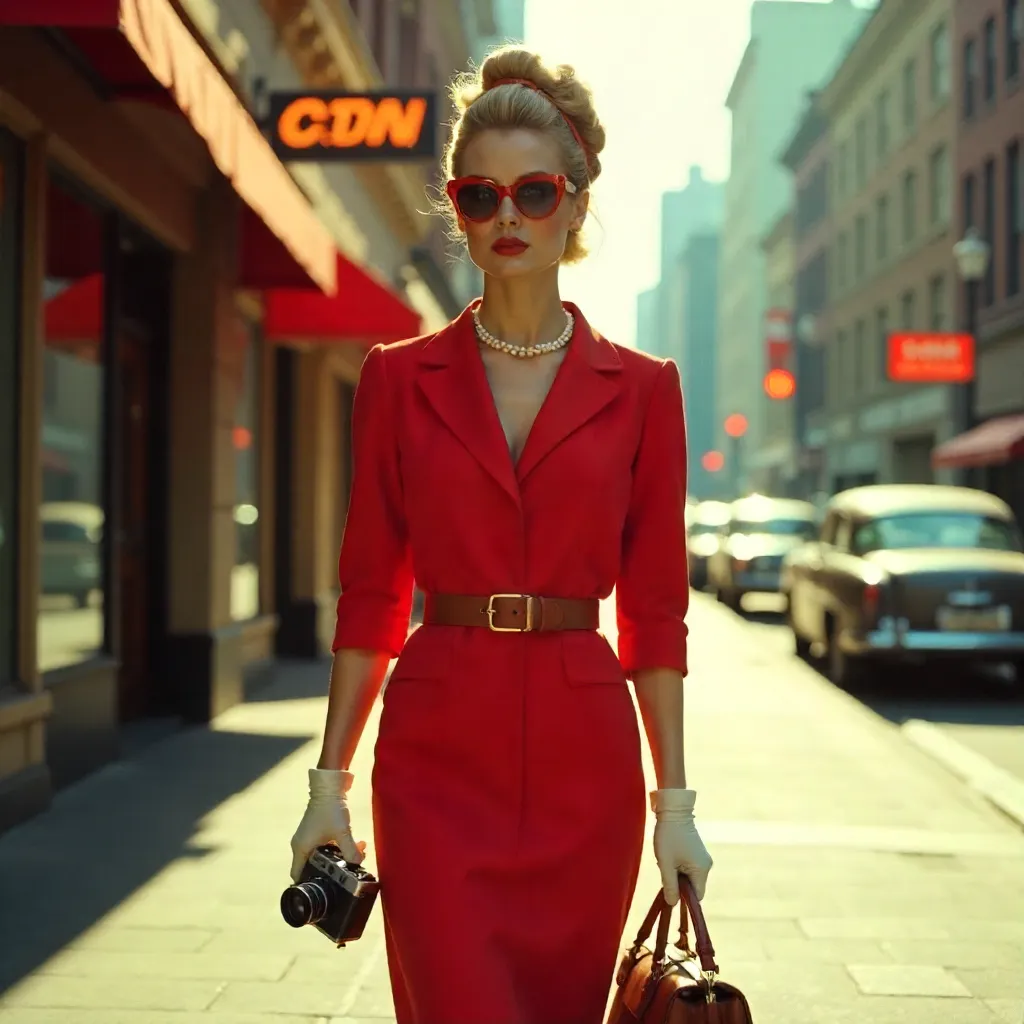 Chic 1960s Retro Woman with Camera and Handbag