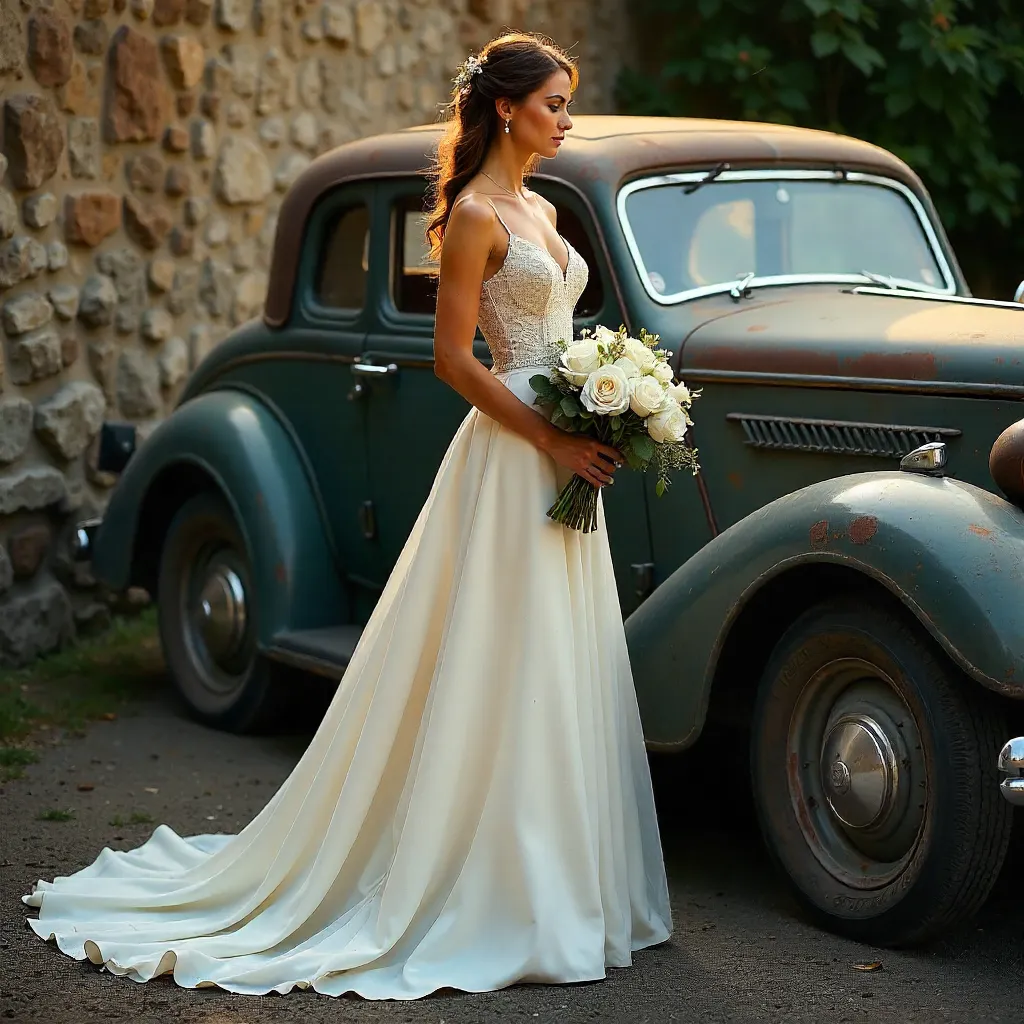 Bride in Elegant Gown by Vintage Car in Rustic Stone Setting