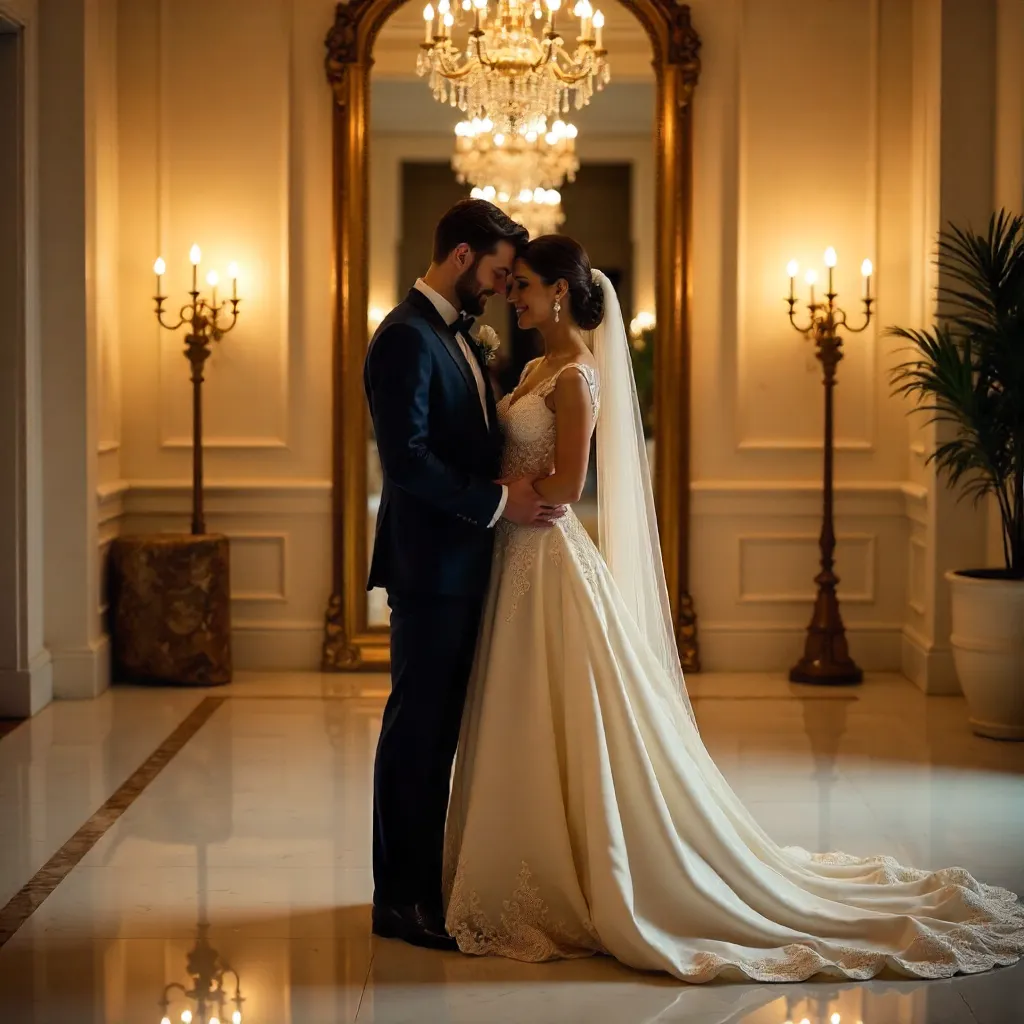Soft Embrace: Bride and Groom in Reflections
