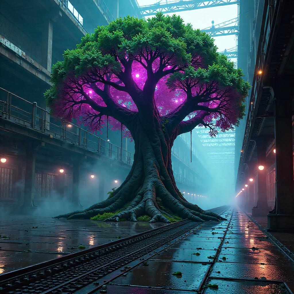 Neon-Tangled Tree in a Cyberpunk Factory