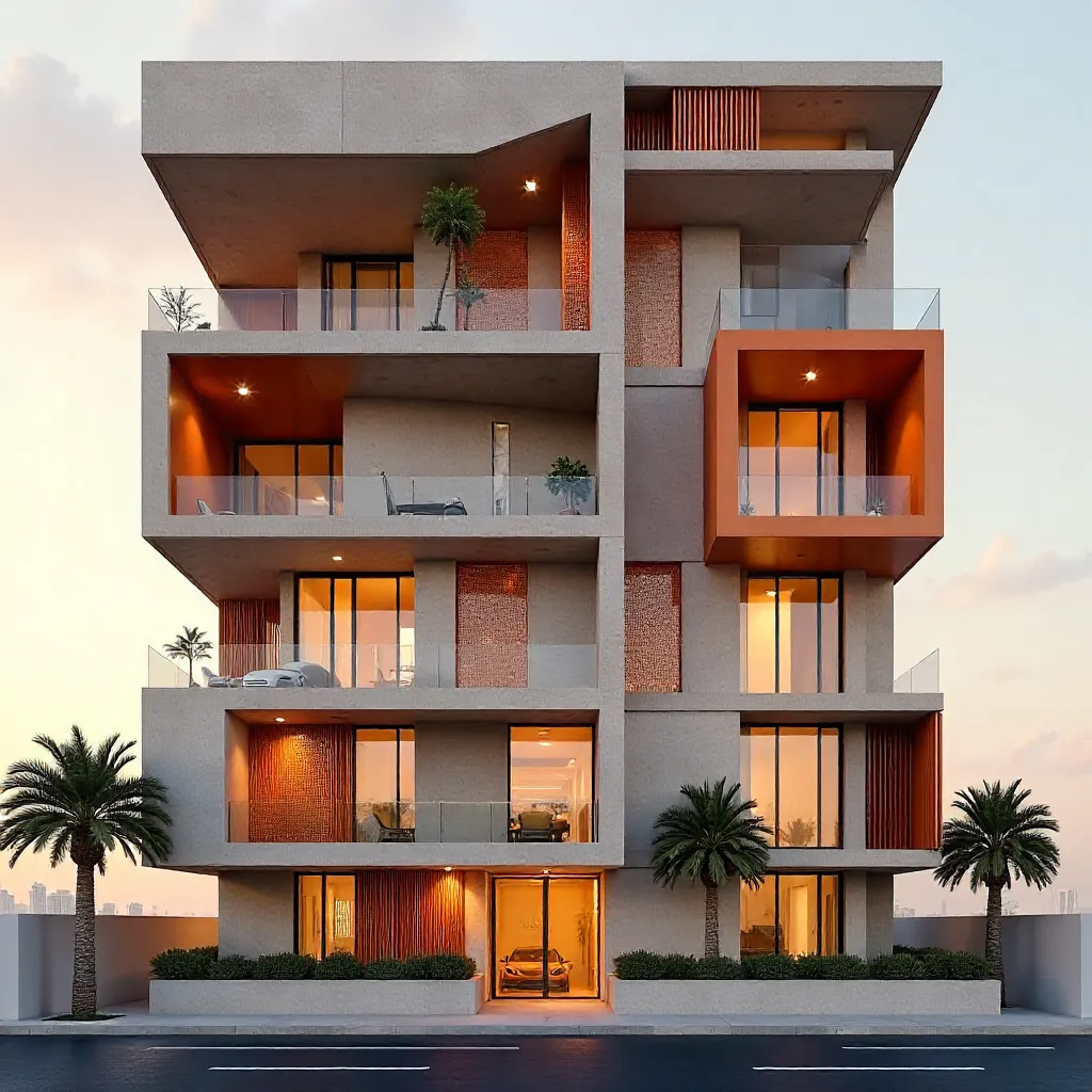 Geometric Orange-Accented Dubai Apartment Facade