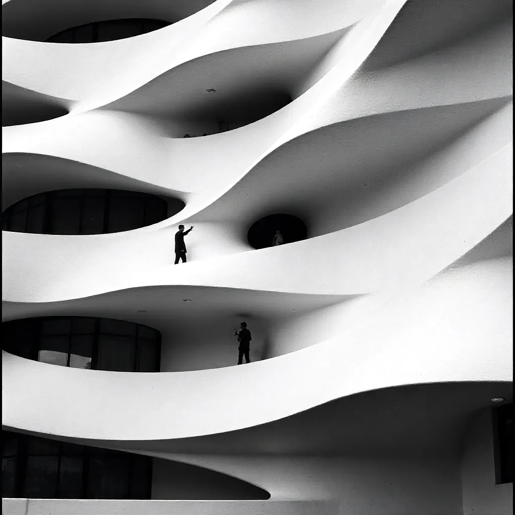 Black and White Wave-Patterned Facade with Balcony