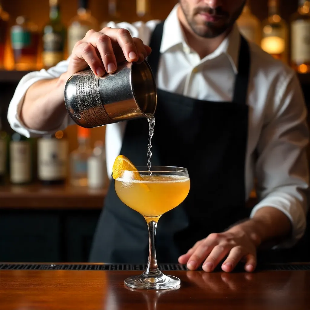 Bartender Strains a Classic Cocktail at the Bar