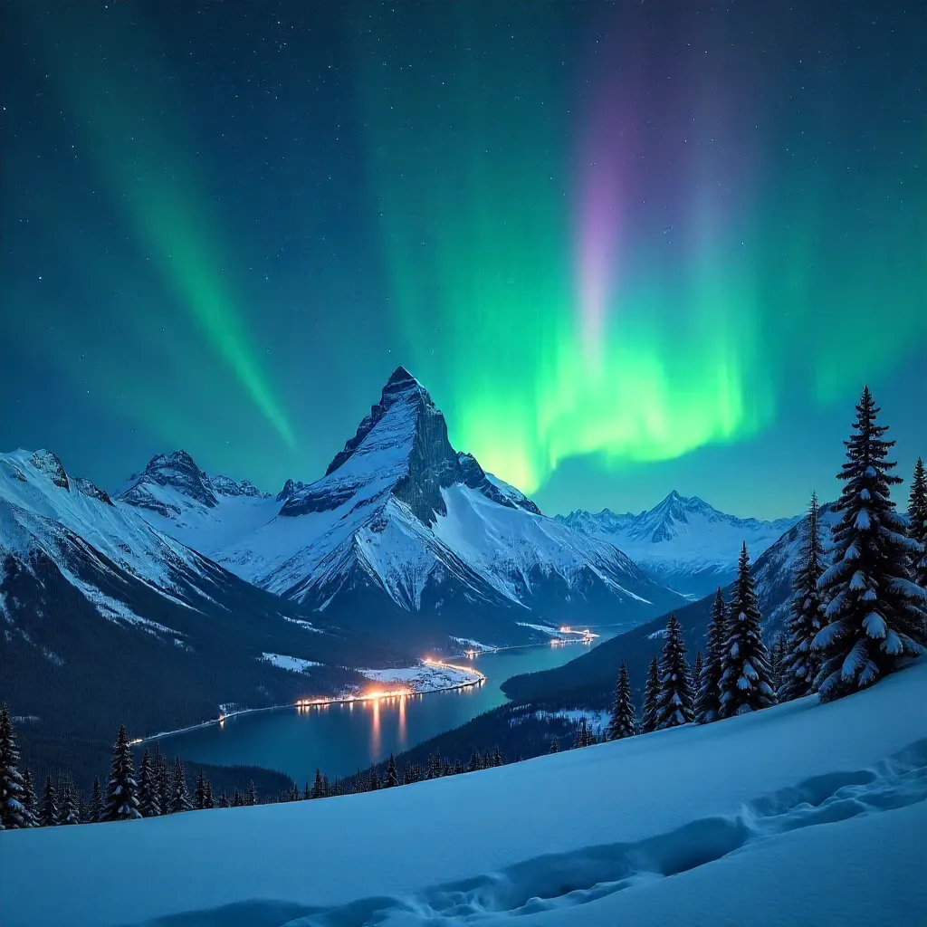 Aurora Over Snow-Capped Peaks Under a Starry Sky