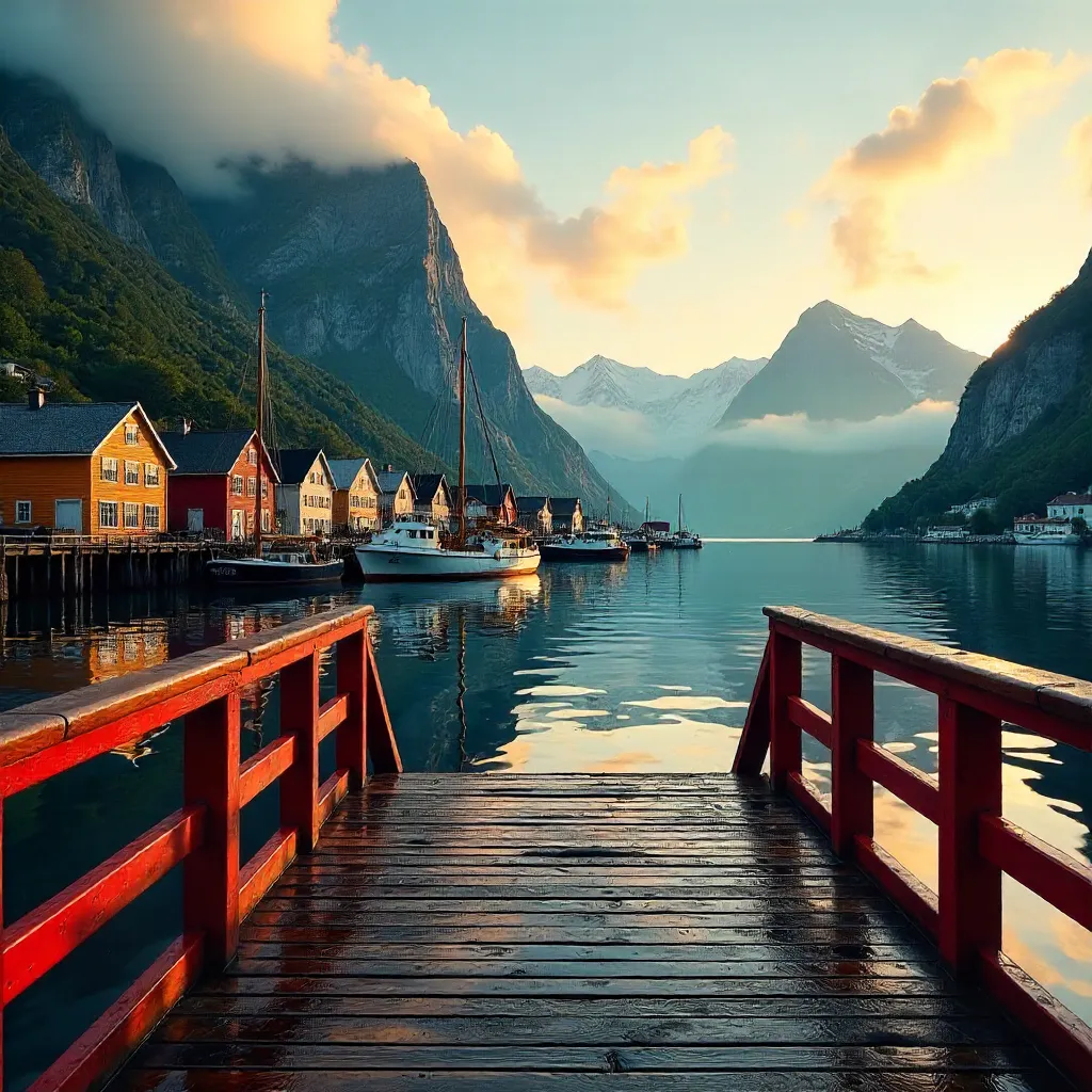 Bergen Harbor Dawn with Red Dock Railing and Mountains