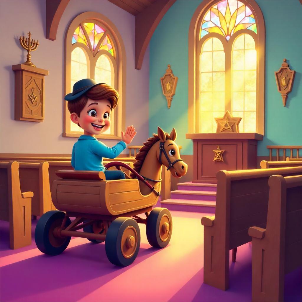 Cartoon Carriage Inside a Sunny Synagogue