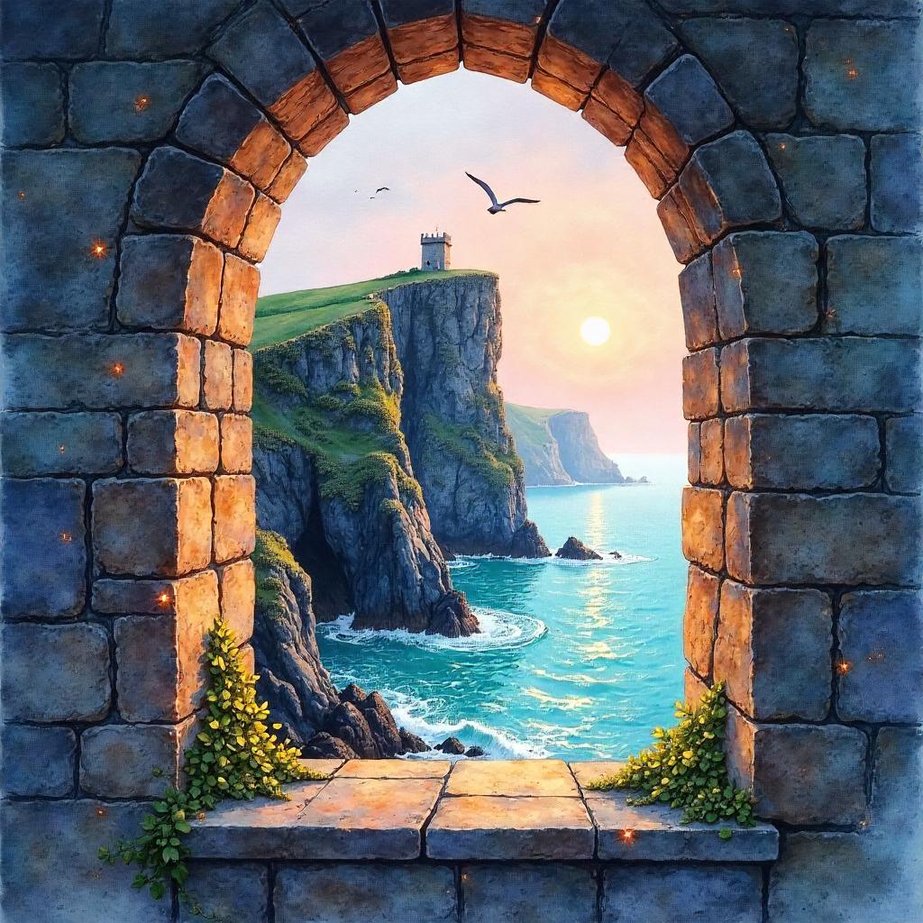 Watercolor Cliff Inside a Tower Window at Dusk