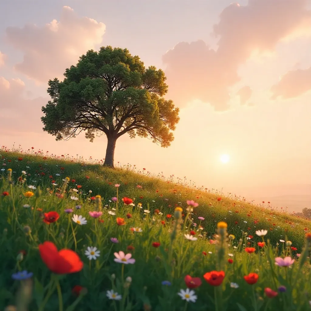 Solitary Tree on a Sunset Hill