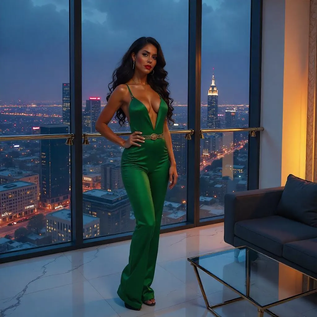 Confident Latina in a Penthouse at Dusk