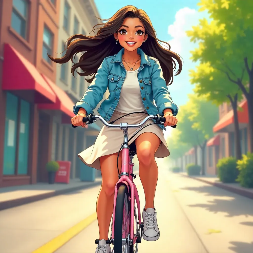 Cheerful Latina Woman Riding a Bicycle - Anime Style