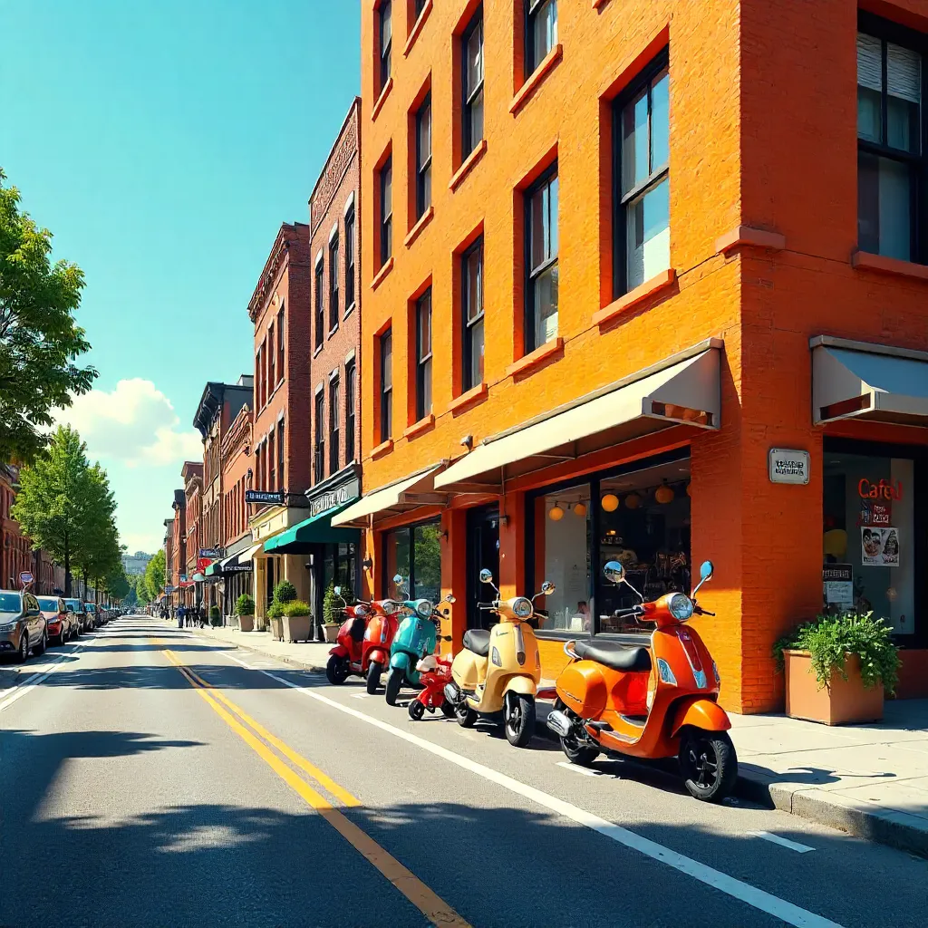Sunny Orange Building with Scooters and Tricycle