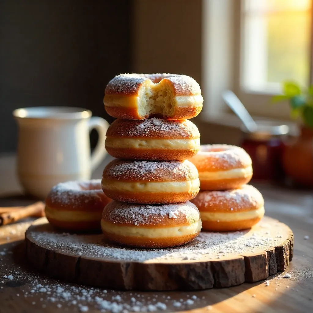 Powdered Sugar Donuts on a Wooden Board