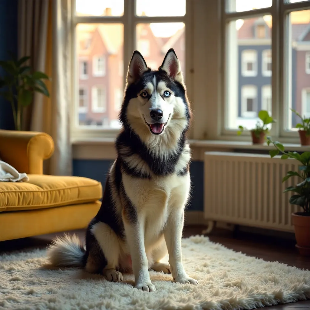 Charming Husky with Heterochromia in Amsterdam Interior