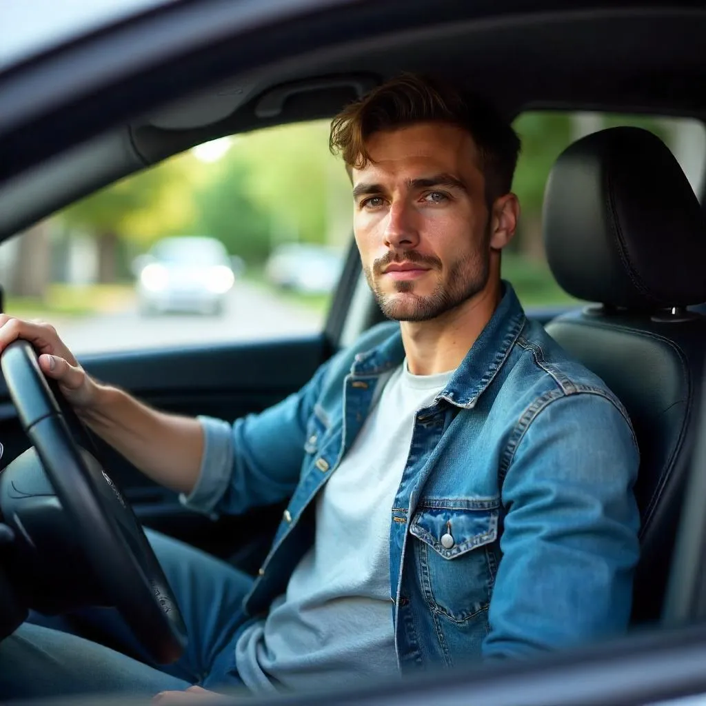 Photorealistic Portrait: Young White Man in a Car