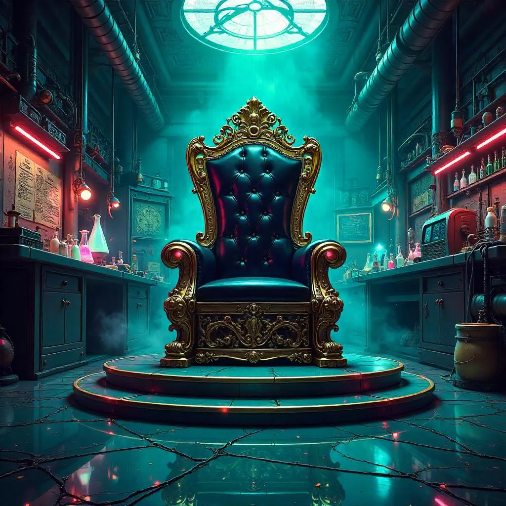 Regal Neon Throne in a Mad Scientist Lab