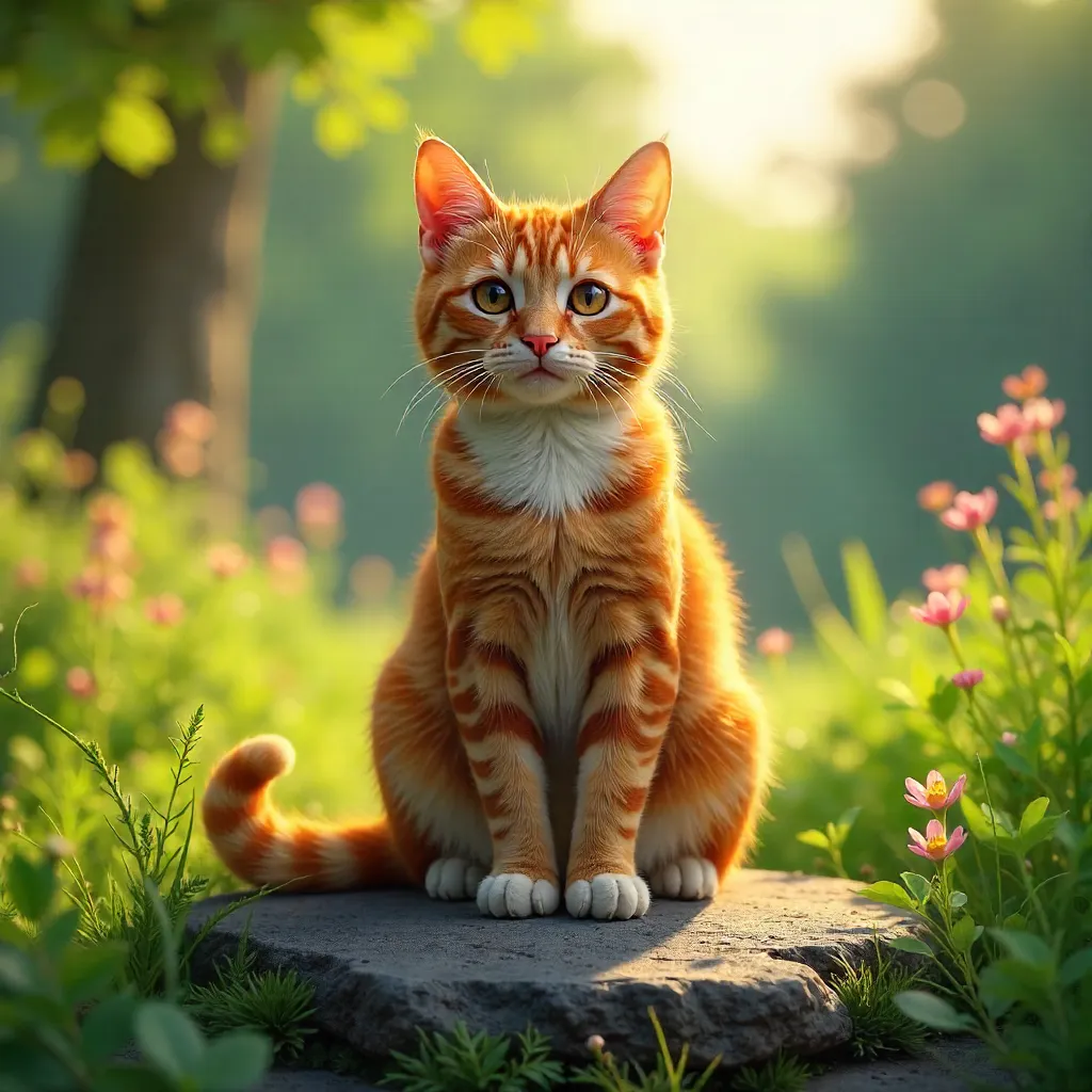 Sunny Ginger Tabby on a Rock in Greenery